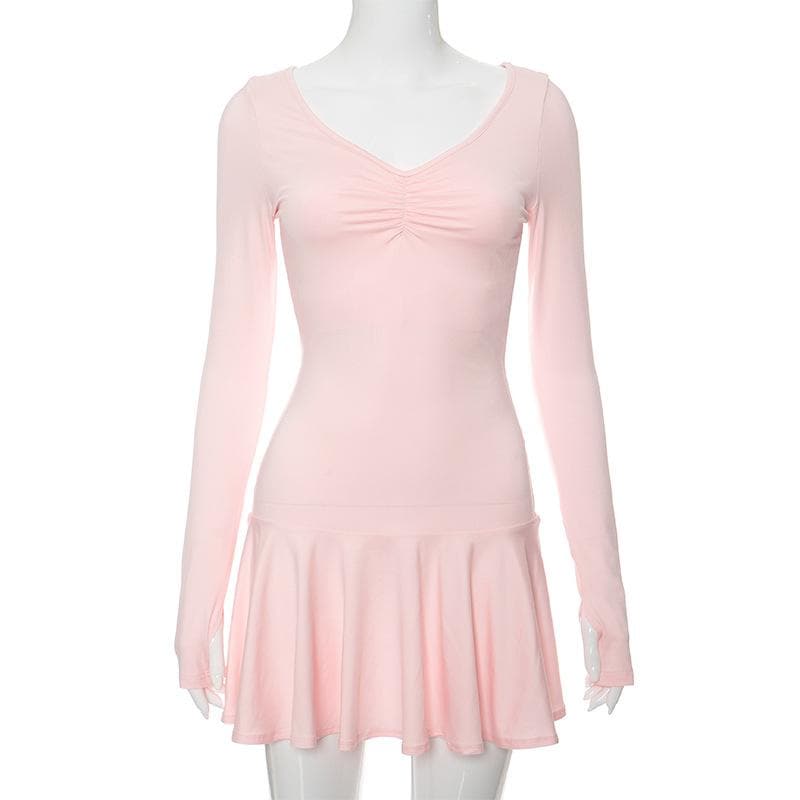 Deep V Ruched Glove Sleeve Ruffle Trim Mini Dress 8