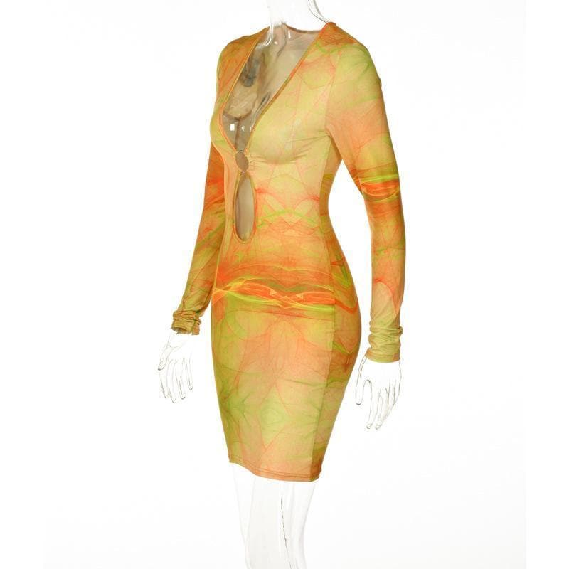 Long Sleeve Deep V Neck Ring Detail Keyhole Cutout Print Bodycon Mini Dress 2