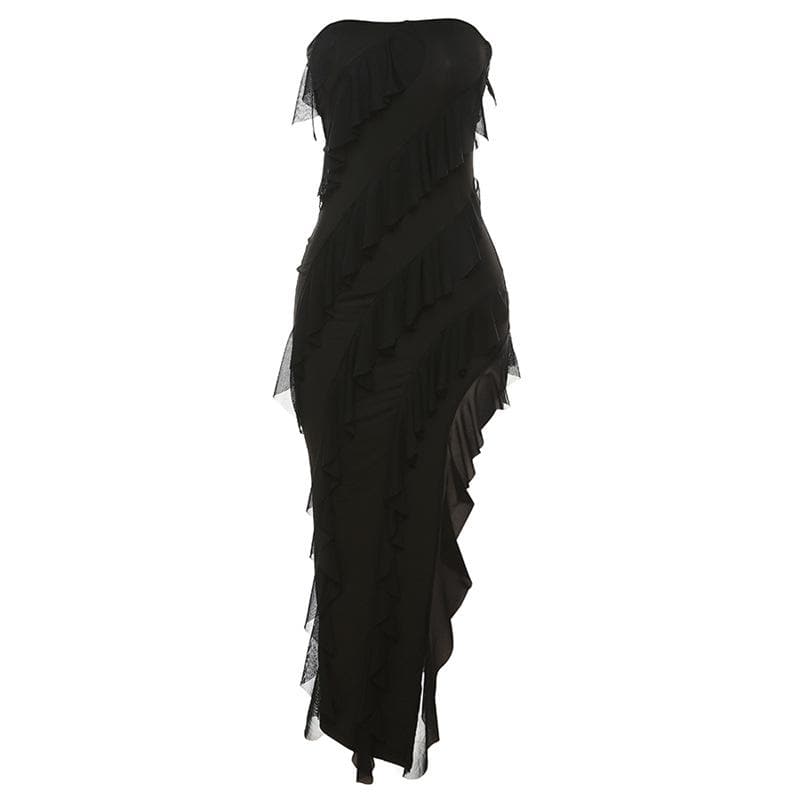 Strapless Tube Diagonal Ruffle Tier High Low Slit Maxi Dress 3