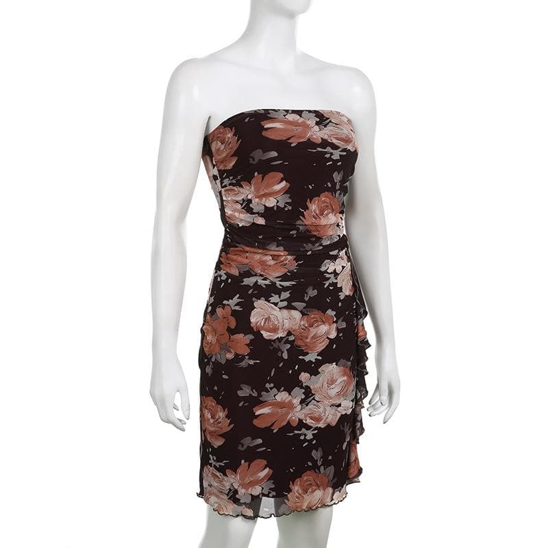 Strapless Floral Print Ruched Mesh Cascade Ruffle Mini Dress 3