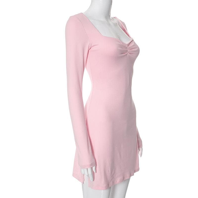 Square Neck Ruched Bust Long Sleeve Bodycon Mini Dress 5