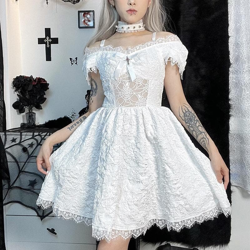 Hollow Out Off Shoulder Short Sleeve Crucifix Applique Bowknot Lace Hem Mini Dress 3