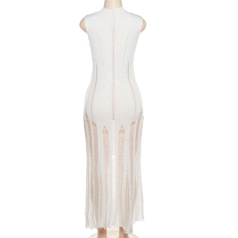 Sleeveless Mock Neck Ribbed Knit Distressed Ladder Hem Maxi Dress 5
