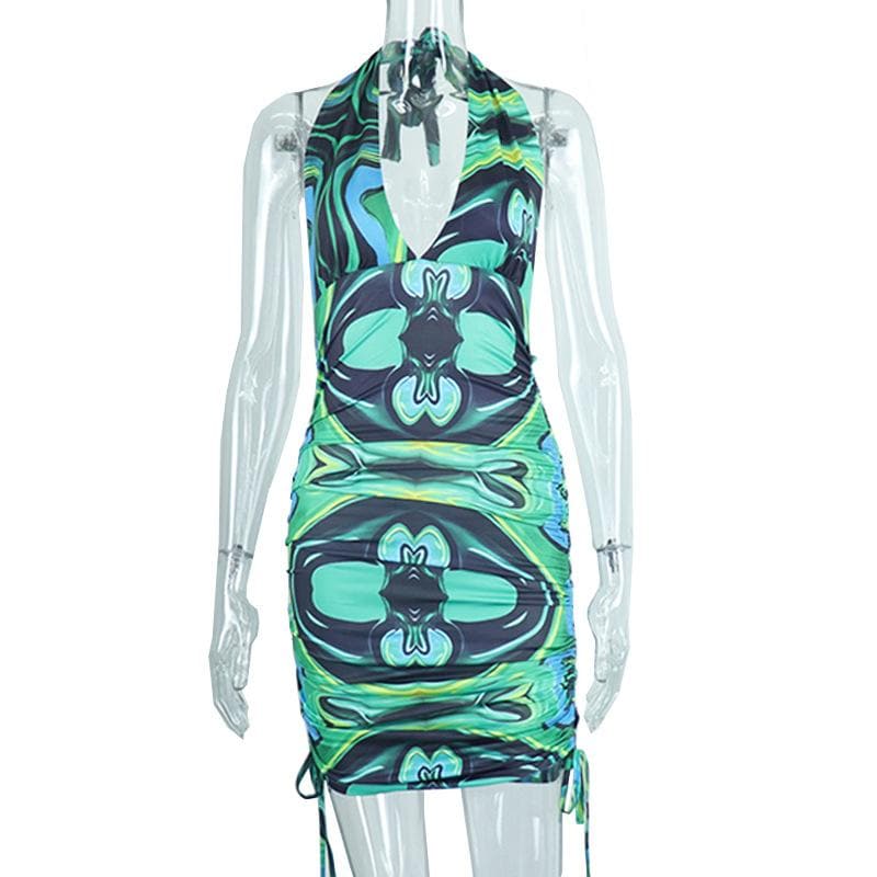 Halter V-Neck Abstract Swirl Print Side Drawstring Ruched Mini Dress 8