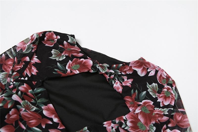 Floral Print Sweetheart Cutout Sheer Mesh Bell Sleeve Ruched Mini Dress 5