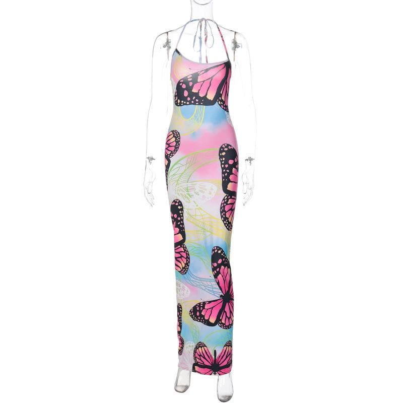 Butterfly Print Ruched Backless Halter Contrast Maxi Dress 8