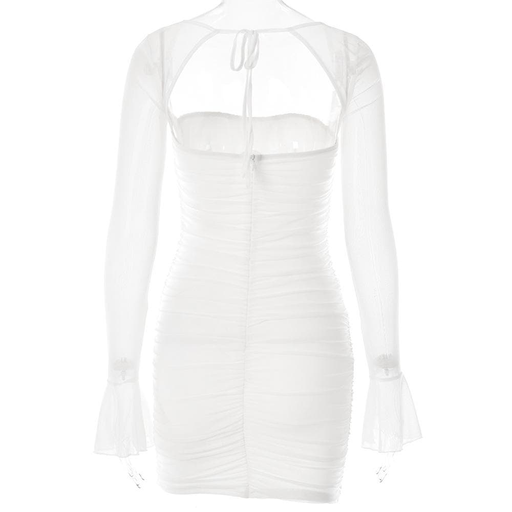 Square Neck Sweetheart Bust Ruched Mesh Bell Sleeve Mini Dress 5