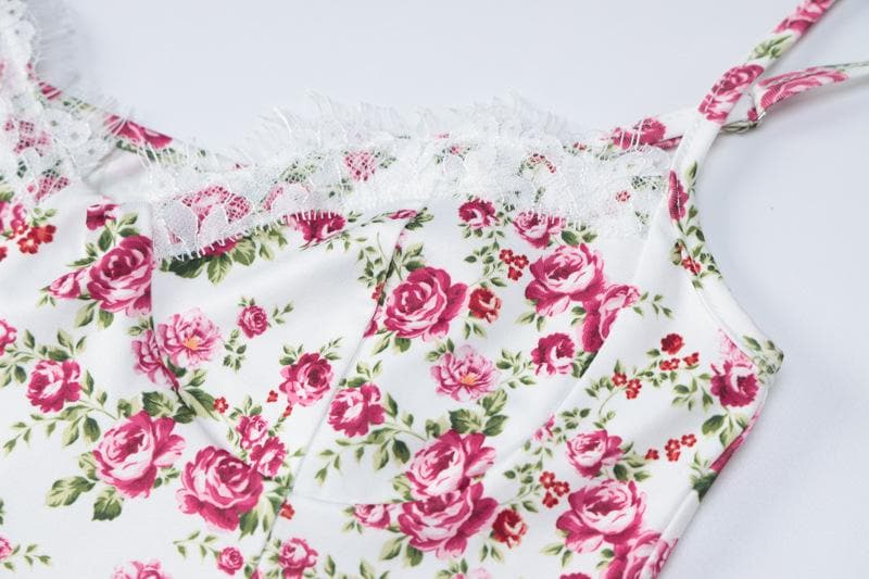 Sweetheart Neck Lace Trim Floral Print Side Slit Bodycon Midi Dress 6