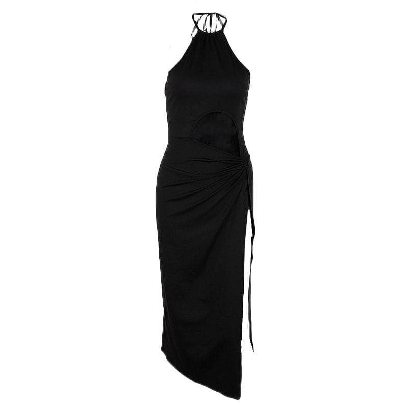 Halter Neck Circular Cutout Ruched Side Slit Maxi Dress 2