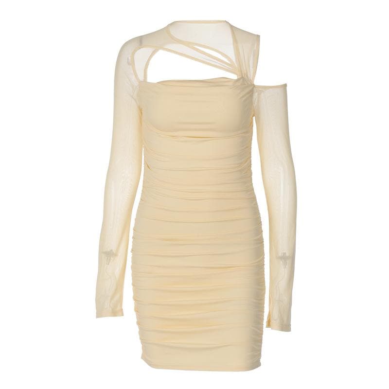 Asymmetric Cutout Crisscross Strap Ruched Mesh Long Sleeve Mini Dress