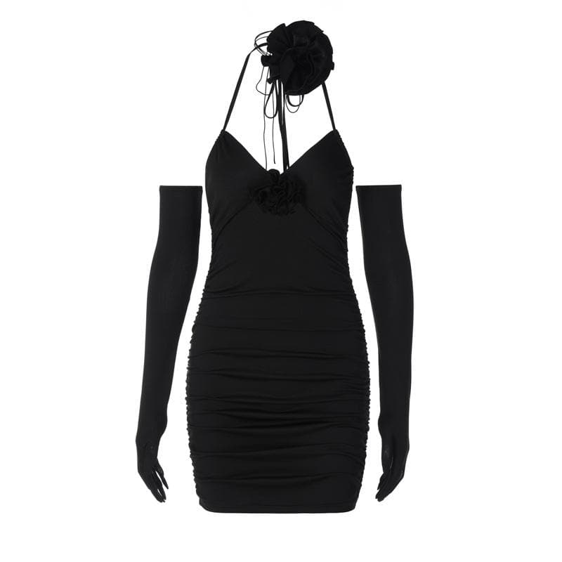 Sweetheart Halter Neck 3D Floral Applique Ruched Bodycon Mini Dress 2
