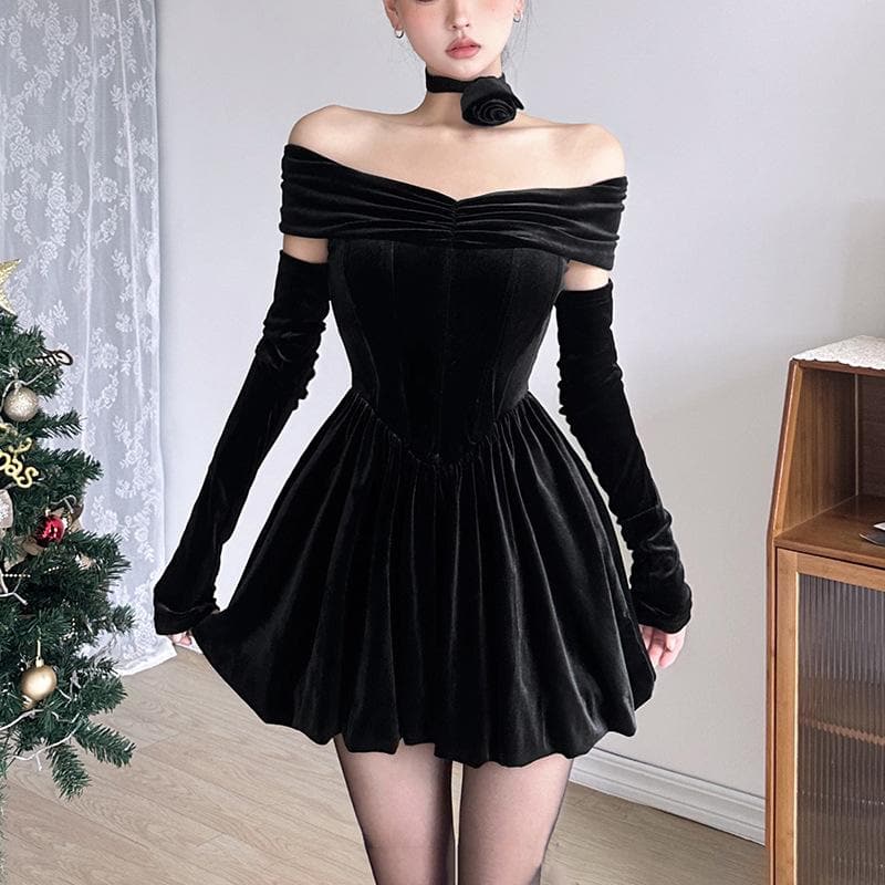 Off Shoulder Ruched Zip Long Sleeve Bubble Hem Mini Dress 3