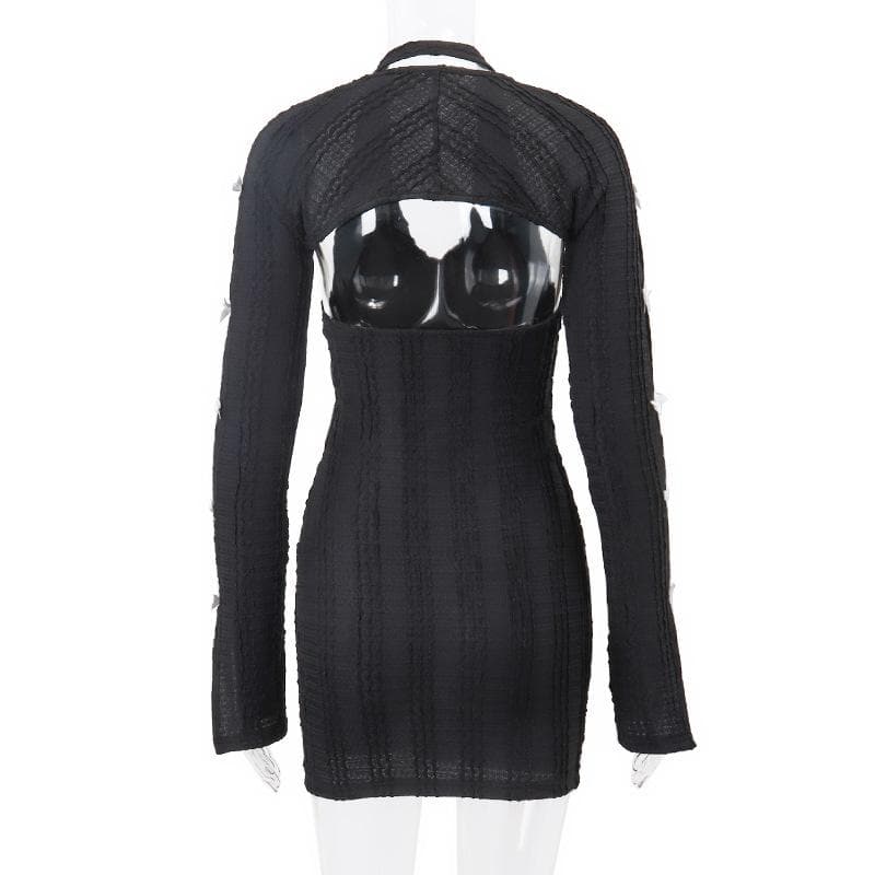 Deep V-Neck Halter Bow Sleeve Cutout Rib Knit Bodycon Mini Dress 4