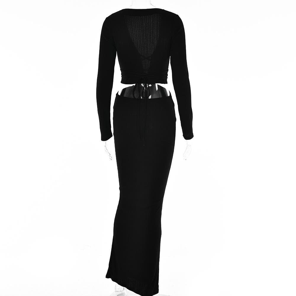 Ribbed Long Sleeve Deep V Neck Waist Cutout Lace Up Maxi Dress 4