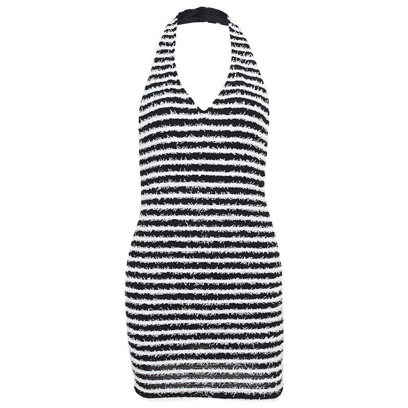 Contrast Striped Fuzzy Knit Halter Neck Backless Bodycon Mini Dress 2