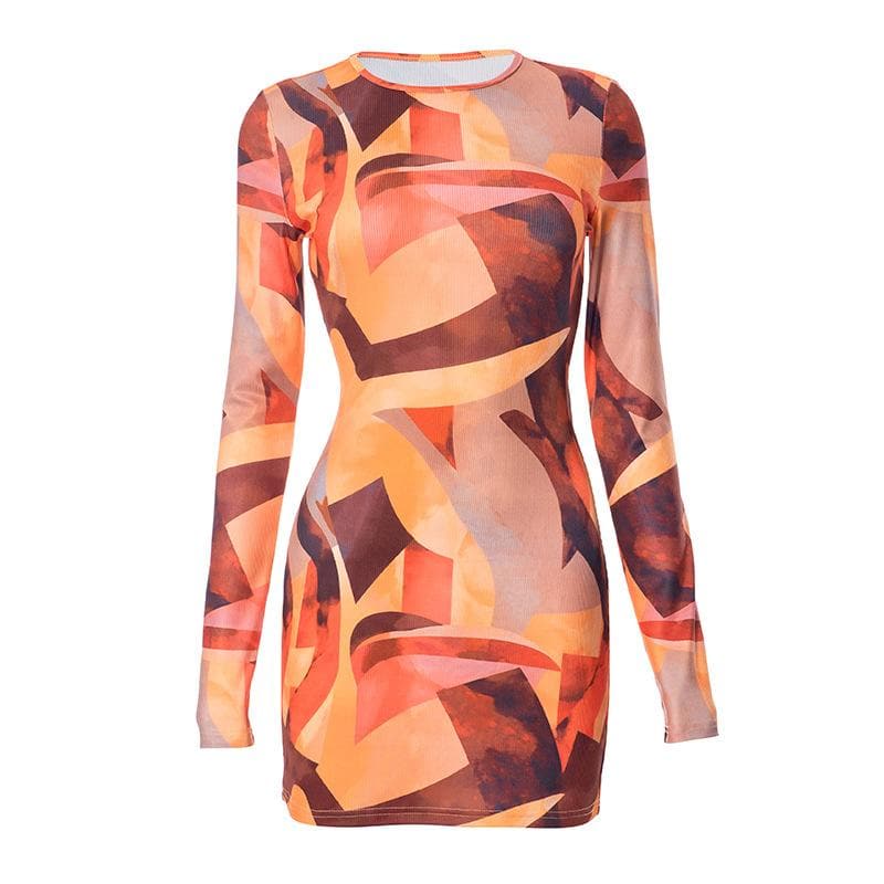 Abstract Geometric Print Long Sleeve Crew Neck Bodycon Mini Dress
