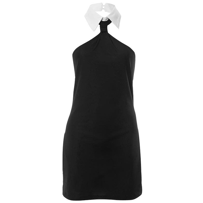 Halter Neck Contrast Shirt Collar Necktie Knot Sleeveless Bodycon Mini Dress