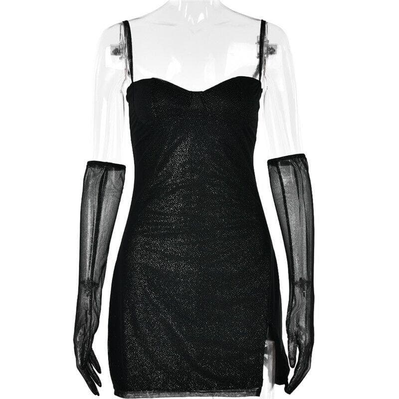 Sweetheart Neck Spaghetti Strap Glitter Side Slit Mesh Glove Mini Dress 3