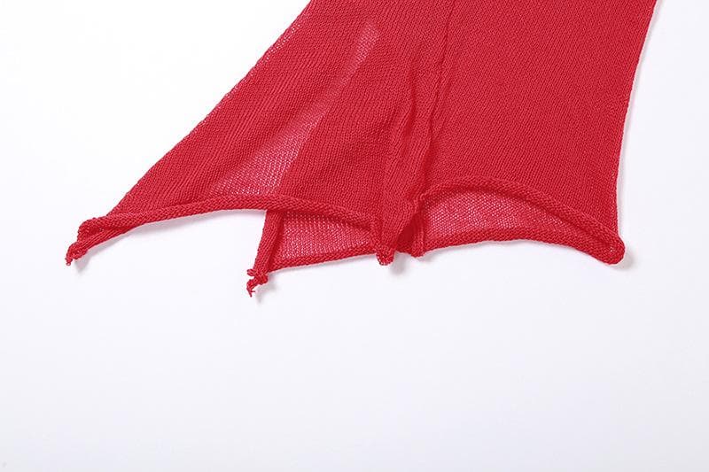 Halter Self Tie Crochet Mesh Asymmetric Ruffle Hem Backless Mini Dress 5