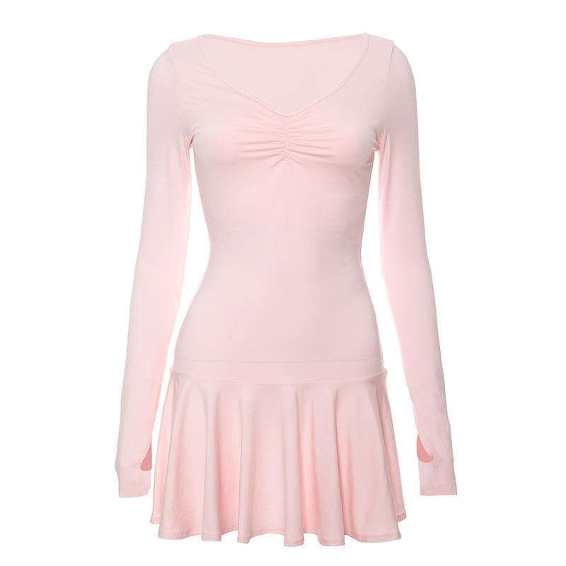 Deep V Ruched Glove Sleeve Ruffle Trim Mini Dress 2