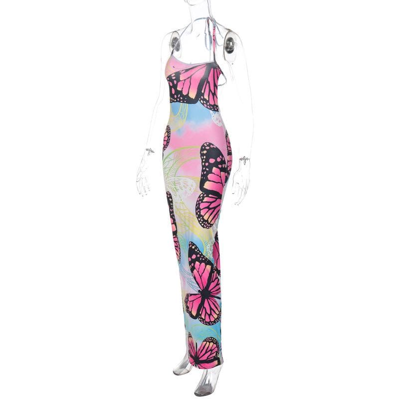 Butterfly Print Ruched Backless Halter Contrast Maxi Dress 3