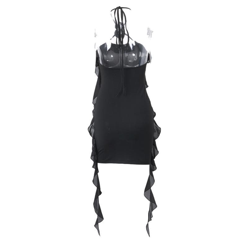Halter Rosette Choker Side Ruffle Trim Bodycon Mini Dress 9