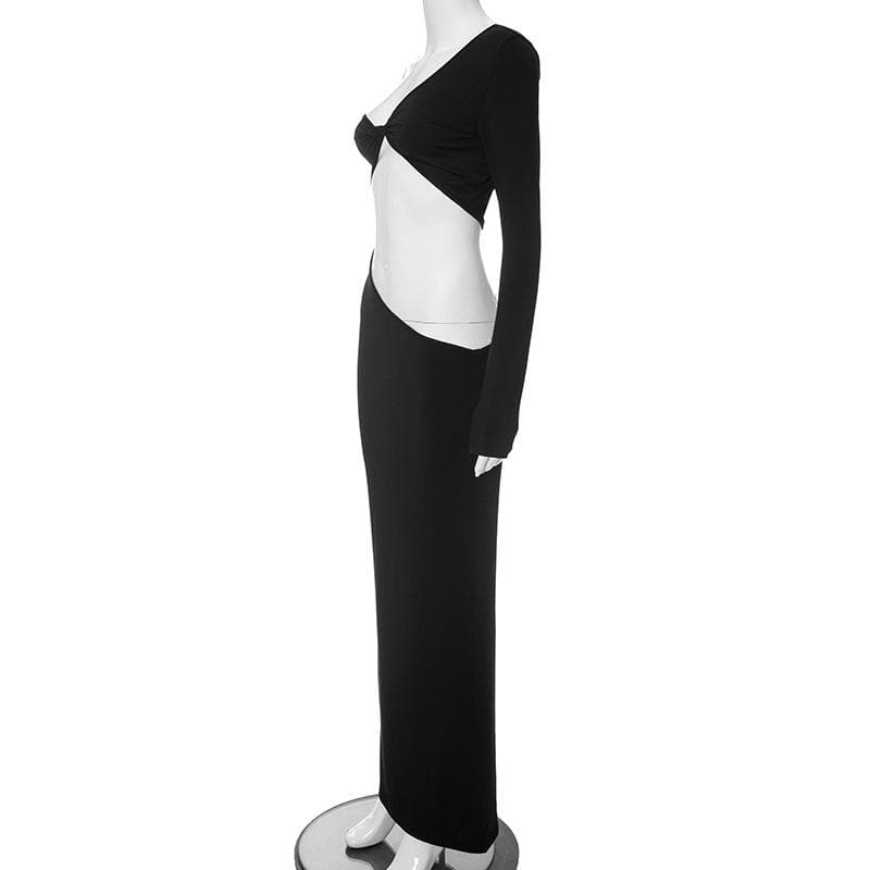 One Shoulder Long Sleeve Twist Front Teardrop Waist Cutout Bodycon Maxi Dress 7