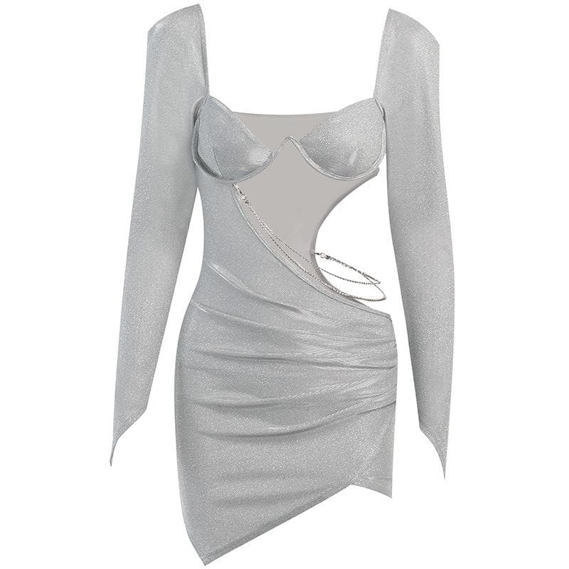 Mesh Panel Chain Waist Cutout Pointed Sleeve Ruched Metallic Mini Dress