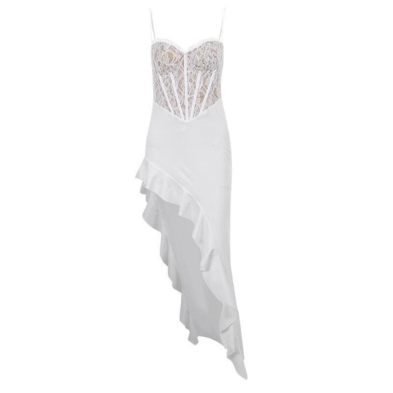 Lace Corset Sweetheart Neck Ruched Ruffle Slit Maxi Dress 2