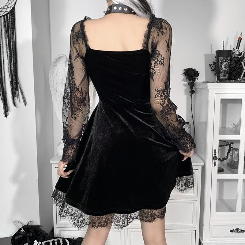 Sweetheart Velvet Bodice Lace Puff Sleeve Ruffle Hem Mini Dress 4