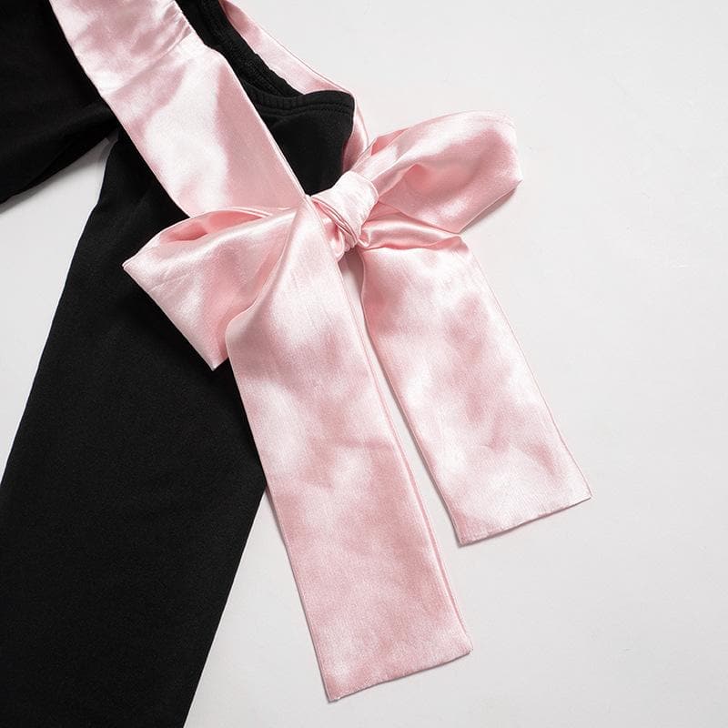 Off Shoulder Satin Ribbon Bow Thumbhole Long Sleeve Mini Dress 8