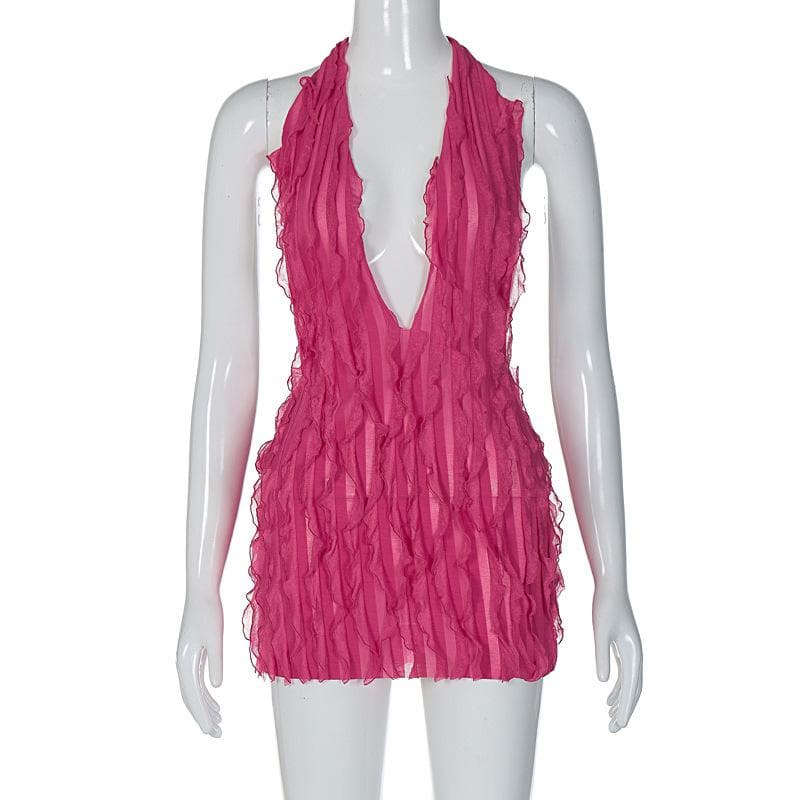 Halter Deep Plunge Vertical Ruffle Fringe Bodycon Mini Dress 8