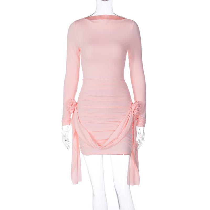 Flower Applique Ribbon Trim Ruched Long Sleeve Mini Dress 3