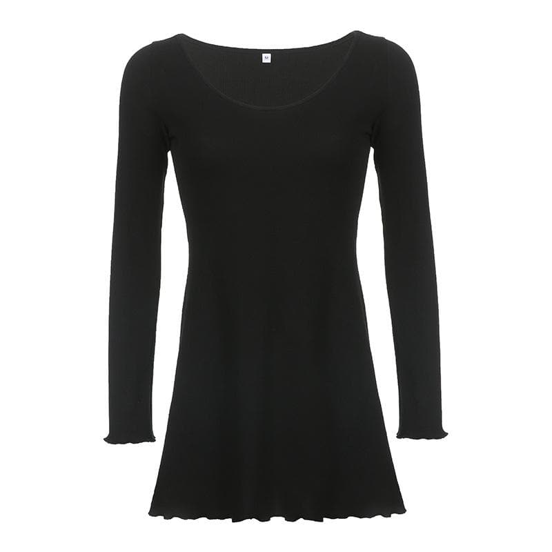 Rib Knit Scoop Neck Long Sleeve Lettuce Hem Ruffle Mini Dress 8