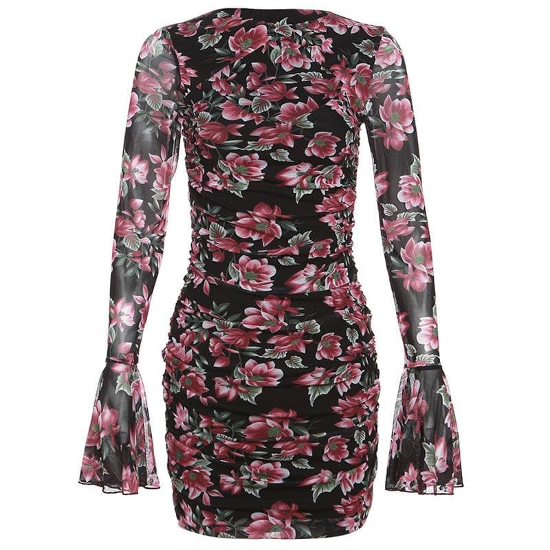 Floral Print Sweetheart Cutout Sheer Mesh Bell Sleeve Ruched Mini Dress 2