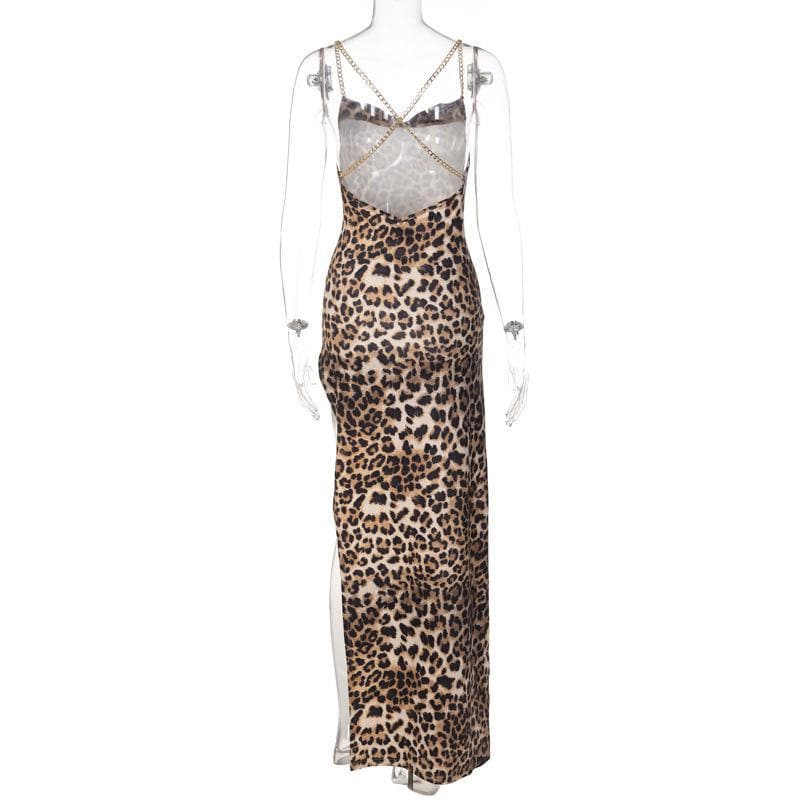Print Chain Strap Cowl Neck High Slit Maxi Dress 4
