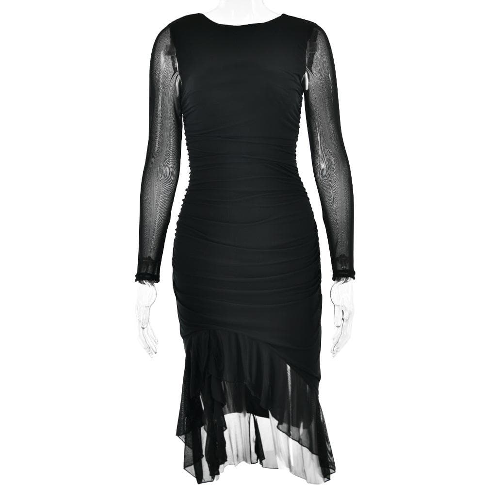Zip Front Mesh Ruched Long Sleeve Backless Midi Dress 3