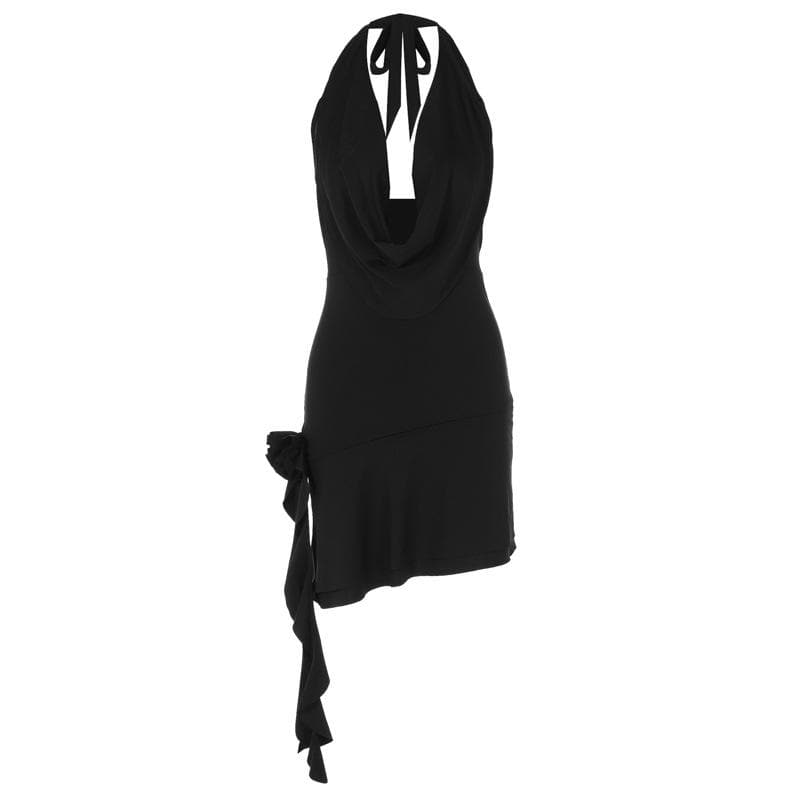 Cowl Neck Halter Ruffle Trim Side Cascade Backless Mini Dress 3
