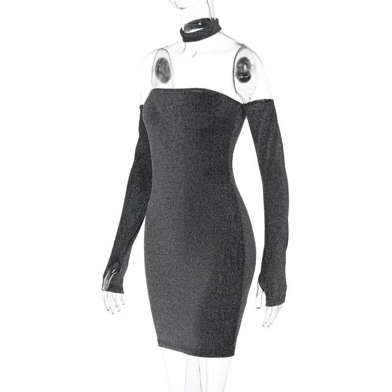 Strapless Glitter Tube Detached Sleeve Thumbhole Choker Mini Dress Set 3