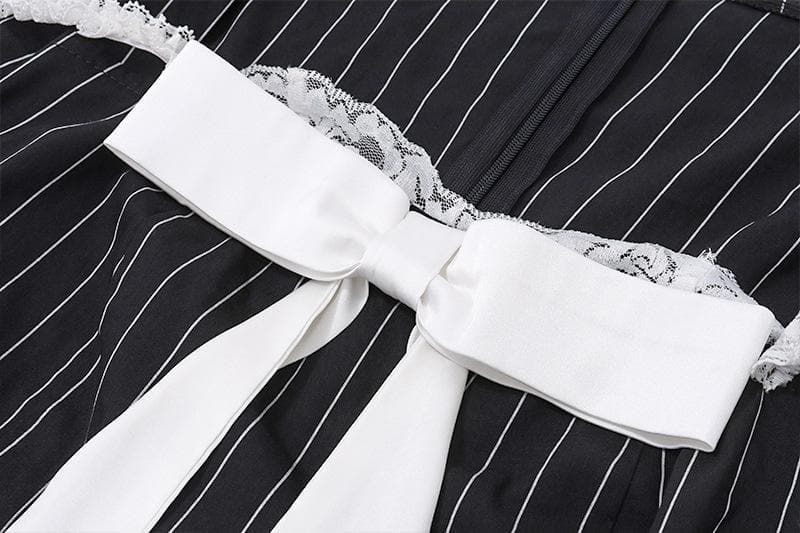 Square Neck Pinstripe Lace Trim Oversized Bow Long Sleeve Mini Dress 5