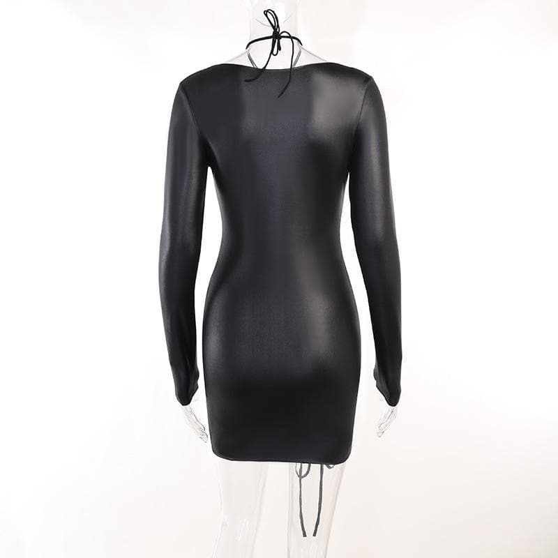 Halter Cross Strap Bust Cutout Coated Ruched Drawstring Mini Dress 4
