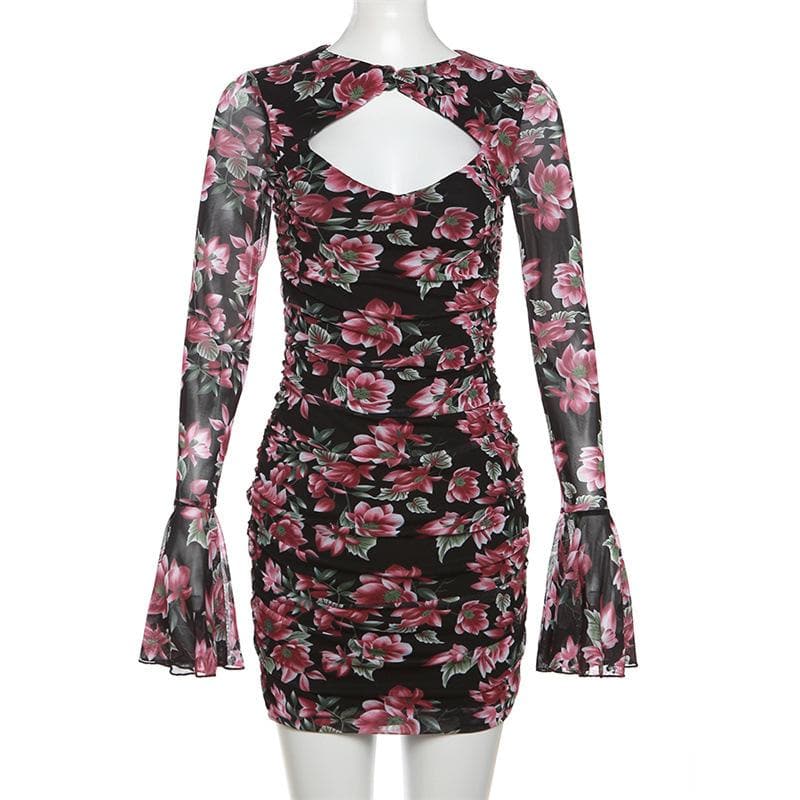 Floral Print Sweetheart Cutout Sheer Mesh Bell Sleeve Ruched Mini Dress 8