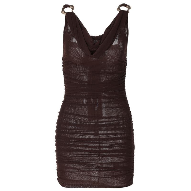 Cowl Neck O-Ring Hardware Strap Ruched Mesh Bodycon Mini Dress