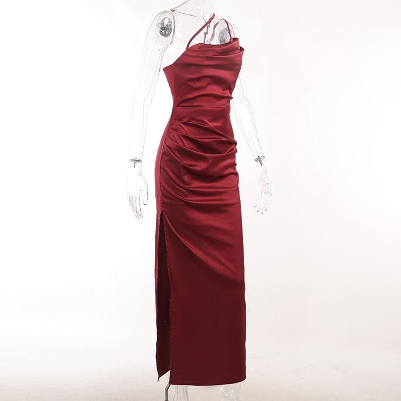 One-Shoulder Double Strap Ruched Satin Side Slit Maxi Gown 3