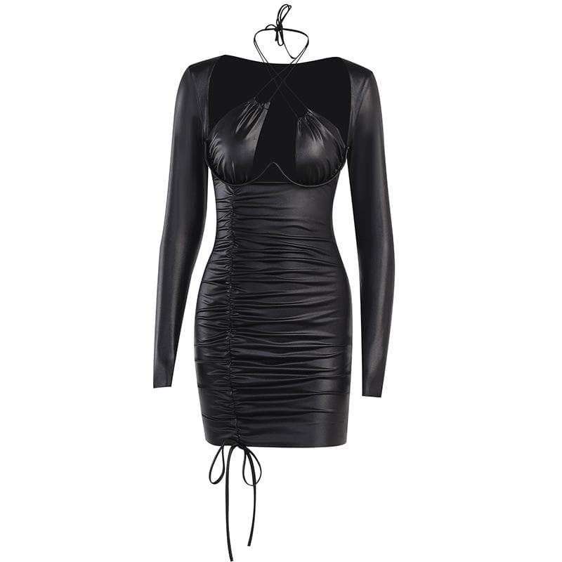 Halter Cross Strap Bust Cutout Coated Ruched Drawstring Mini Dress 2