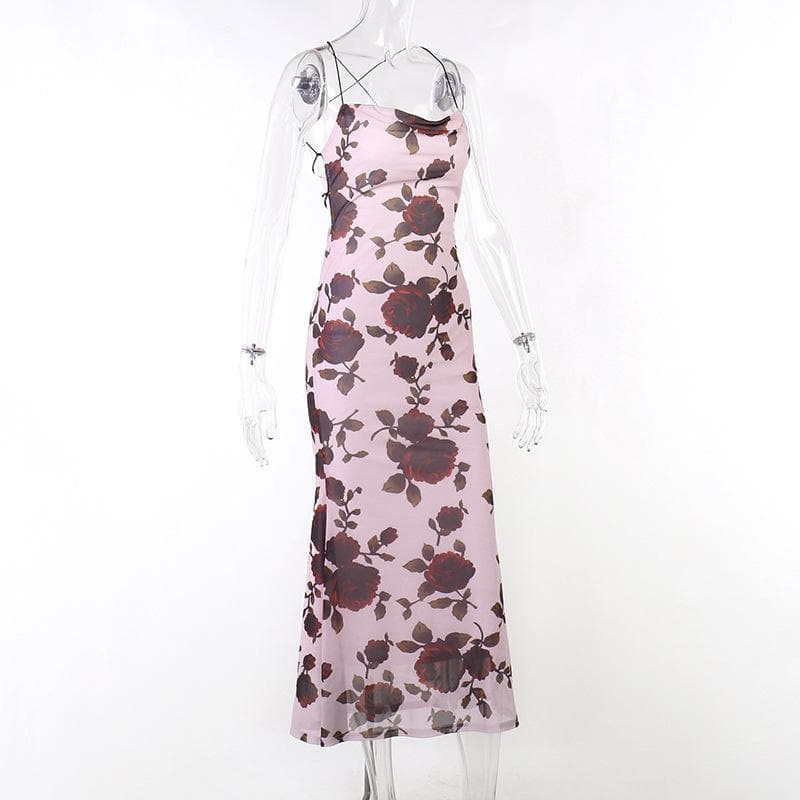 Cowl Neck Criss Cross Strap Floral Mermaid Maxi Gown 3