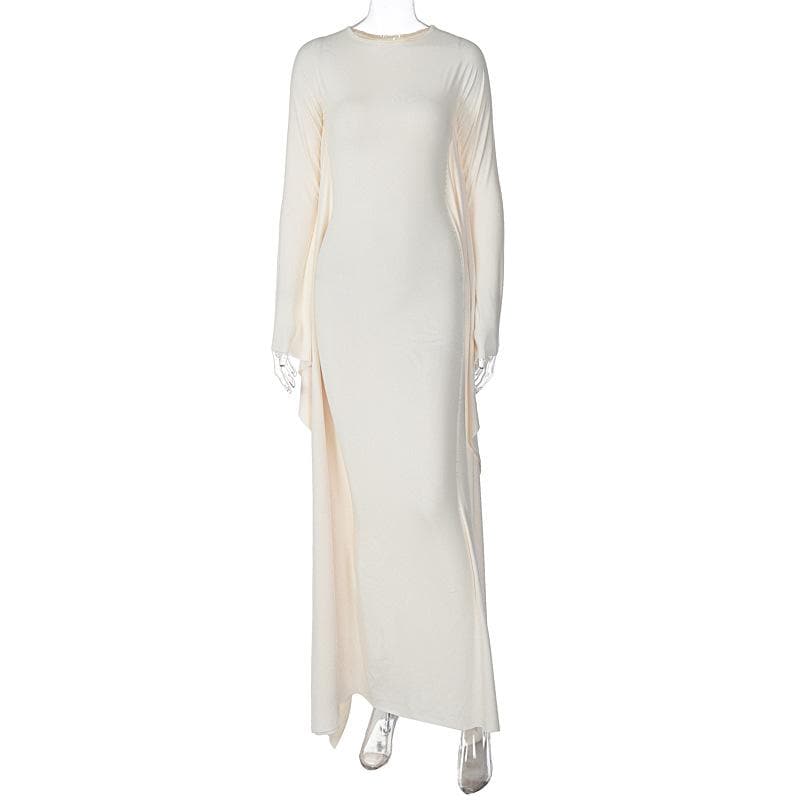 Long Sleeve Crew Neck Draped Side Panel Bodycon Maxi Dress 2