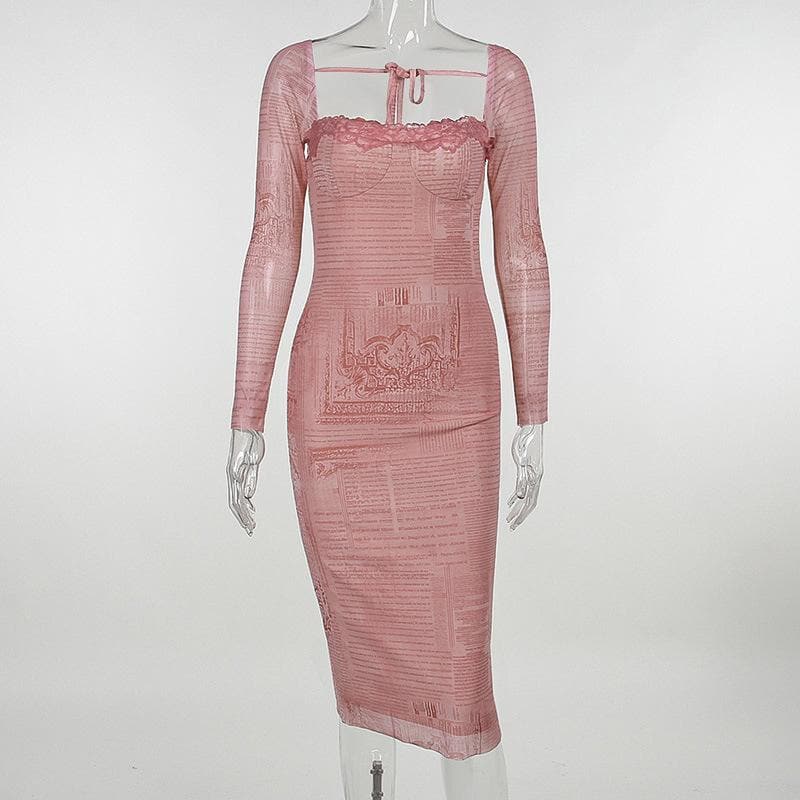 Lace Trim Square Neck Long Sleeve Newspaper Print Bodycon Midi Dress 8