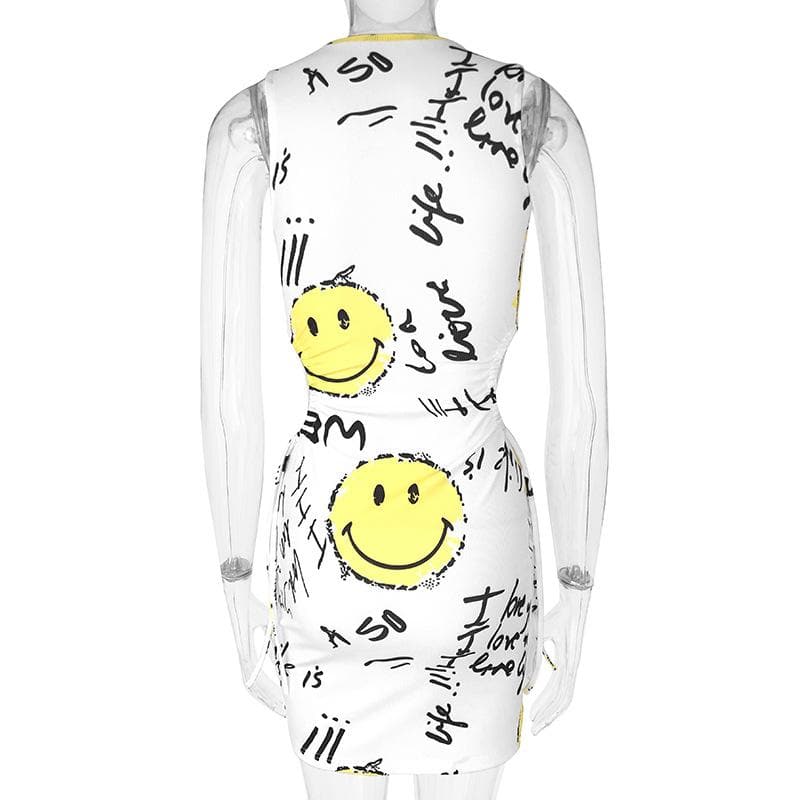Smiley Face Graphic Print Hollow Out Sleeveless Mini Dress 6