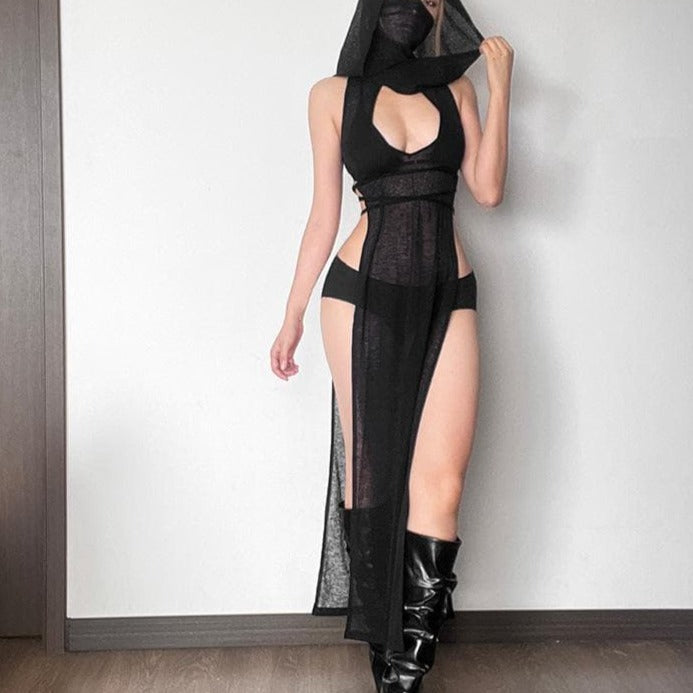 Sleeveless Hooded Mask Keyhole Cutout Sheer Panel Maxi Dress